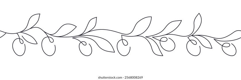 Olive branch patern. Vector continuous line border. Minimal sketch for design menu, package, kitchen print. Abstract greek sinple background