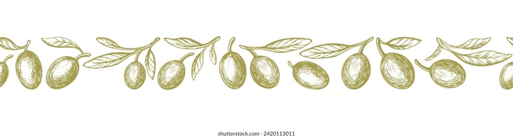 Olive branch pattern. Vector ornament with texture leaves and oil fruit. Hand drawn sketch. Mediterranean food