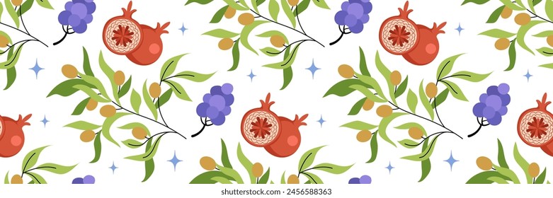 Rama de olivo, granada y racimo de uvas sin patrón. Fondo con frutas y bayas. Para el Fondo de pantalla o la tela, el embalaje, la marca, el interior de la cocina, el diseño del menú. Ilustración plana de Vector.