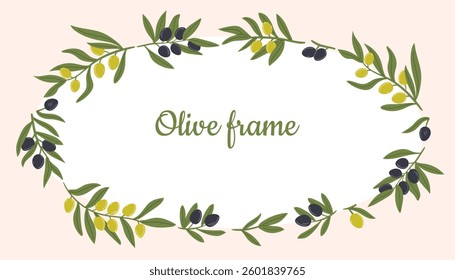 Olive branch round frame. Hand drawn wedding logo herb, with elegant leaves. Botanical rustic trendy greenery