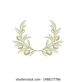 Olive branch, rustic wreath. Vector texture fruit, green foliage on white background. Nature round symbol, hand drawn illustration. Greek vintage pattern