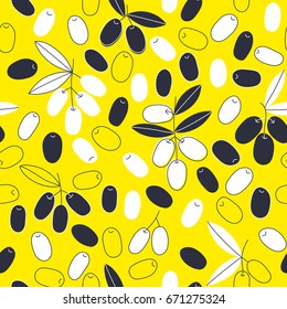 Olive branch seamless pattern, olive background hand drawn vector. Olives graphic. Mediterranean food wallpaper. Illustration for wrapping, wallpaper or print.