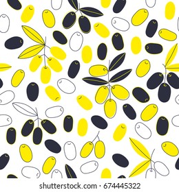 Olive branch seamless pattern, olive background hand drawn vector. Olives graphic. Mediterranean food wallpaper. Illustration for wrapping, wallpaper or print.