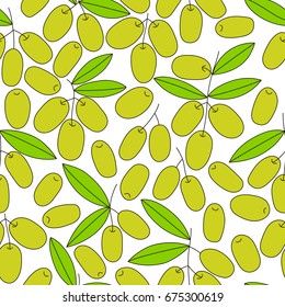 Olive branch seamless pattern, olive background hand drawn vector. Olives graphic. Mediterranean food wallpaper. Illustration for wrapping, wallpaper or print