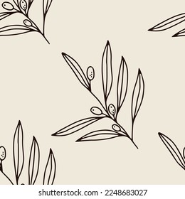 Olive branch seamless pattern. Bohemian background with linear fruits. Vintage vector wallpaper. Pattern for beauty shop and cosmetology
