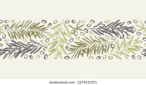 Olive branch seamless pattern in color. Vector banner ribbon with leaves and fruit sketches in vintage style. Vegetable oil ingredients ribbon. Olive tree border design for print or packaging