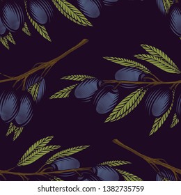 Olive branch seamless pattern. Colorful vector illustration of olive tree twigs in engraving technique on black background.