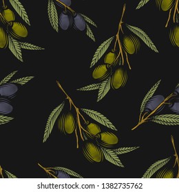 Olive branch seamless pattern. Colorful vector illustration of olive tree twigs in engraving technique on black background.