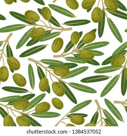 Olive branch seamless pattern. Greek olives branches texture on white background, summer healthy food vector illustration