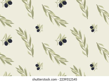 Olivenöl mit einem nahtlosen Zweig. Zweig aus grünen und schwarzen Oliven mit Blättern auf grünem Hintergrund. Naturkonzept