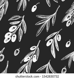 Olive branch seamless pattern. Hand drawn vector food illustration on chalk board. Engraved style mediterranean plant background. Vintage botanical illustration.