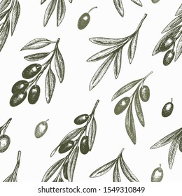 Olive branch seamless pattern. Hand drawn vector food illustration. Engraved style mediterranean plant background. Retro botanical illustration.