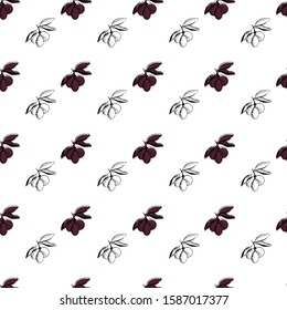 Olive branch seamless pattern. Hand drawn vector food illustration.  Mediterranean style plant background. Retro botanical illustration.