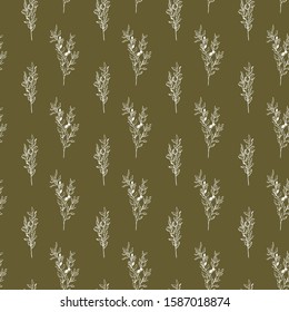 Olive branch seamless pattern. Hand drawn vector food illustration.  Mediterranean style plant background. Retro botanical illustration.