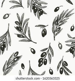 Olive branch seamless pattern. Hand drawn vector food illustration. Engraved style mediterranean plant background. Retro botanical illustration.