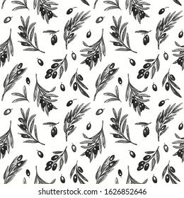 Olive branch seamless pattern. Hand drawn vector food illustration. Engraved style mediterranean plant background. Retro botanical illustration.