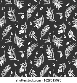 Olive branch seamless pattern. Hand drawn vector food illustration on chalk board. Engraved style mediterranean plant background. Vintage botanical illustration.