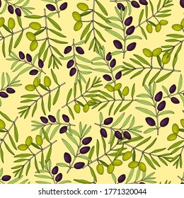 Olive branch seamless pattern. Hand drawn botanical vector illustration