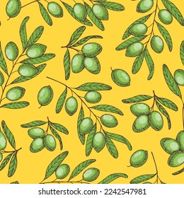 Rama de oliva sin fisuras. Ilustración vectorial dibujada a mano. Plantilla de diseño. Ilustración alimenticia saludable. Patrón de aceite de oliva.