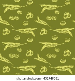 Olive branch seamless pattern hand drawn sketch illustration. Olive vector illustration. Olive branch hand drawn. Olive branch vintage designs. Olive branch label.
