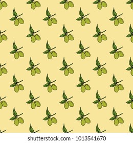 Olive branch seamless pattern. Natural background Design with olives for olive oil or cosmetics products, vector illustration.