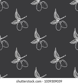 Olive branch seamless pattern. Natural background Design with olives for olive oil or cosmetics products, vector illustration.