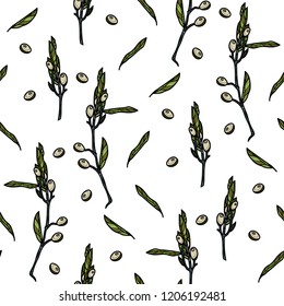 Olive branch seamless pattern on white background. Vector illustration for ads, menu and web banner designs. Organic and healthy food concept.