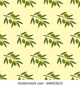 Olive branch seamless pattern on the yellow background. Vector illustration