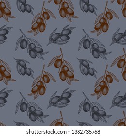 Olive branch seamless pattern. Vector illustration of olive tree twigs in engraving technique.