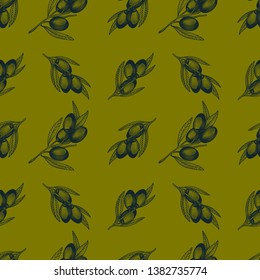 Olive branch seamless pattern. Vector illustration of olive tree twigs in engraving technique.