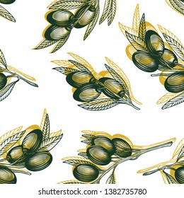 Olive branch seamless pattern. Vector illustration of olive tree twigs in engraving technique. Isolated on white.