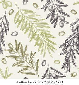 Olive branch seamless pattern. Vector background with leaves, berries and fruits sketches in vintage style. Vegetable oil ingredients backdrop. Olive tree texture for print or packaging design