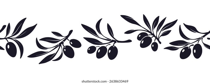 Olive branch seamless pattern. Vector black silhouette of leaves and berry. Elegant graphic bg. Greek art botanical border. Healthy product. Organic natural cosmetics, bio oil. Agricultural print