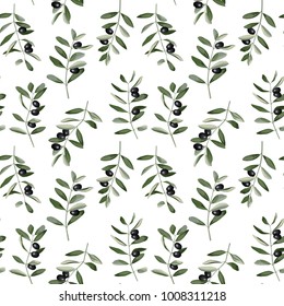 Olive branch seamless pattern in watercolor style isolated on white background. Mediterranean nature plant wallpaper, textile print.