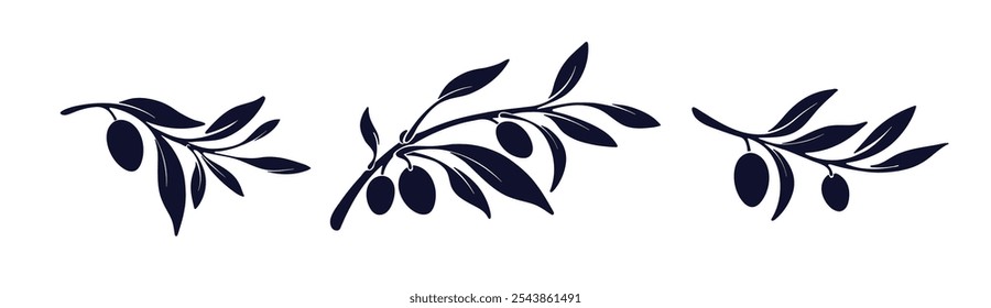 Olive branch set, shape of fruit. Greek oil product, farm harvest. Graphic art image, simple label. Vector mediterranean isolate on white background. Packaging imprint for food design
