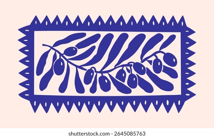 Olive branch stamp, hand drawn summer doodle print. Beach, marine and Mediterranean vibes. Retro postcard-style clipart in coastal, naive, minimal design. Perfect for travel, fashion, and decor.