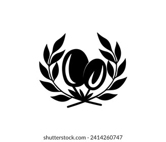 Olive branch symbol isolated on white background, vector illustration. Minimalist olive branch silhouette, logo illustration. Black and white art design svg