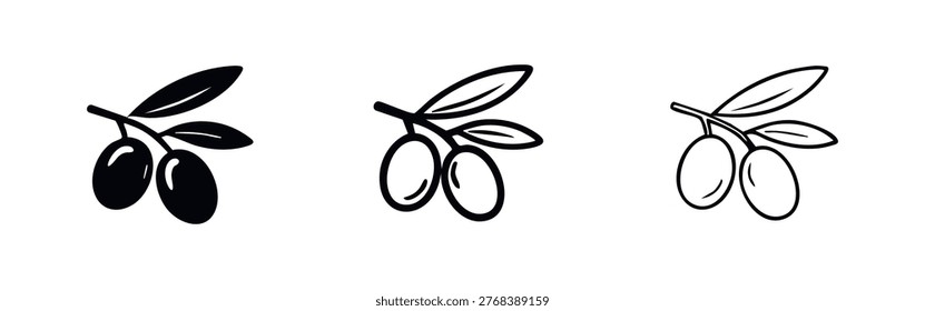 Olive branch with two olives icon set. Healthy organic ingredient vector symbols for food and nature concepts