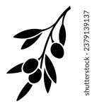 Olive branch. Vector black silhouette of an olive branch isolated on a white background. Handmade illustration, not AI
