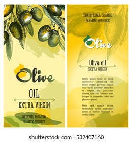 Olive branch vector colorful isolated leaflet layout with watercolor spots, text, lettering, olives and leaves on sketch hand drawn style.