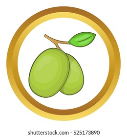 Olive branch vector icon in golden circle, cartoon style isolated on white background
