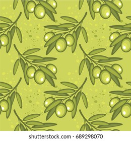 Olive branch vector pattern. Biological background. Design for olive oil, natural cosmetics and health care products. Greece traditional food.