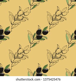 Olive branch, vector. Seamless pattern, repeating background. Design for olive oil, natural and organic cosmetics, health care products.