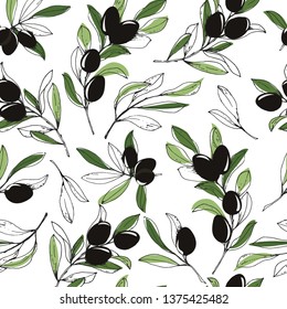 Olive branch, vector. Seamless pattern, repeating background. Design for olive oil, natural and organic cosmetics, health care products.