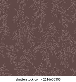 Olive branch wallpaper vector. Boho, abstract seamless pattern. Floral, line, botanical fabric illustration in brown color.