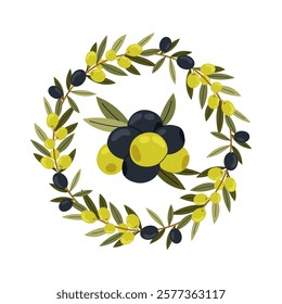 Olive branch wreath. Ingredients for cooking. Hand drawn natural vector frame. Healthy food illustration. Round foliated frame with olives.