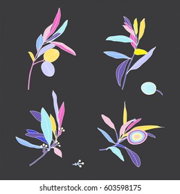 Olive branches with berries in the black background. Design for poster, card, invitation, placard, brochure