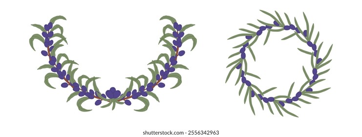 Olive branches and berries forming decorative half circle and circle borders, creating a natural and elegant design