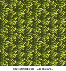 olive branches with berries on a dark green background. yellow-green, swamp, decorative print. seamless plant pattern. brocade. cover. a hand-drawn drawing. vector illustration.