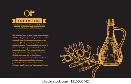 Olive branches and bottle banner template and poster with sketch style. Vector illustration